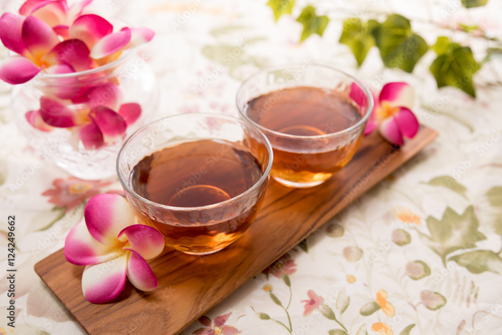 glasses of tea on wooden plate glasses of tea on wooden plate