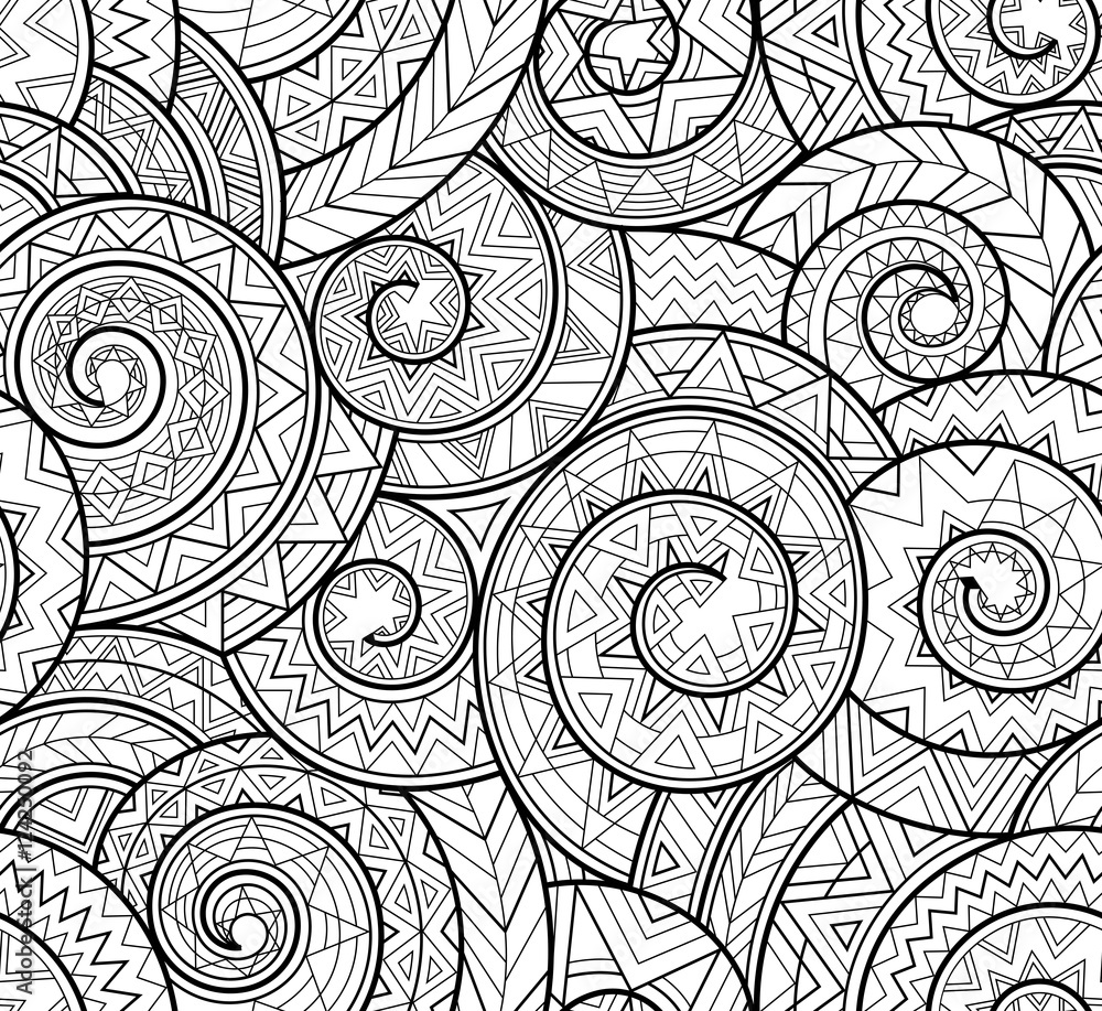 Black and white complex geometric pattern with spirals, lines ...