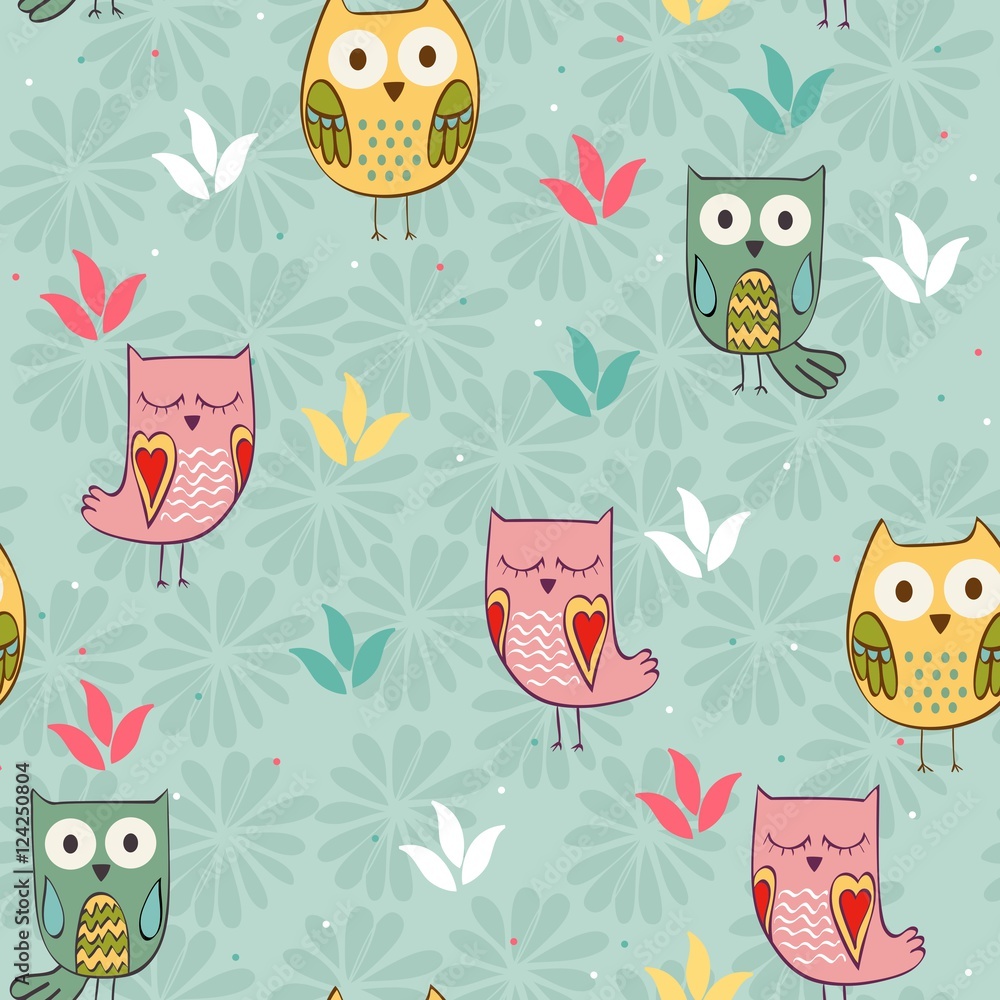 Naklejka premium Cute floral seamless pattern with owls