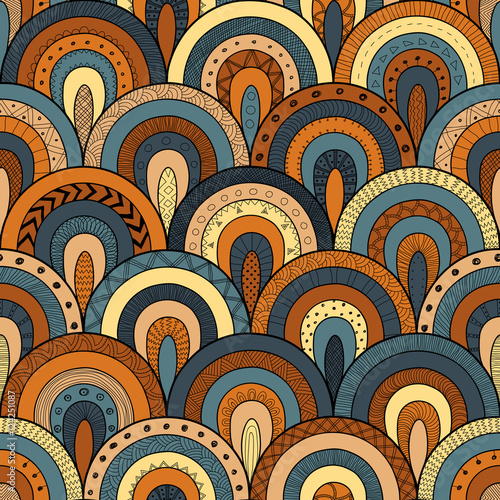 Tribal seamless pattern, indian or african ethnic patchwork style. Round tiles with hand drawn texture.