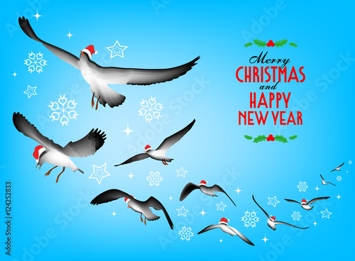 Group of flying birds with snowflake and Christmas decoration. illustration.