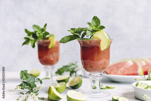 Two glasses of minty watermelon cucumber smoothie