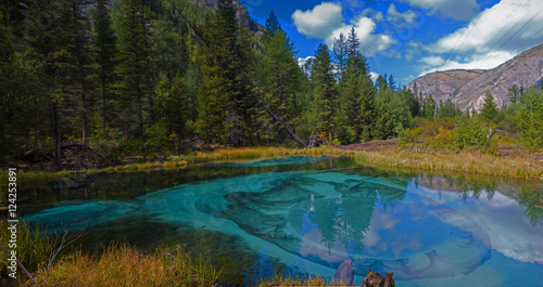 Geyser mountain lake with blue clay photo