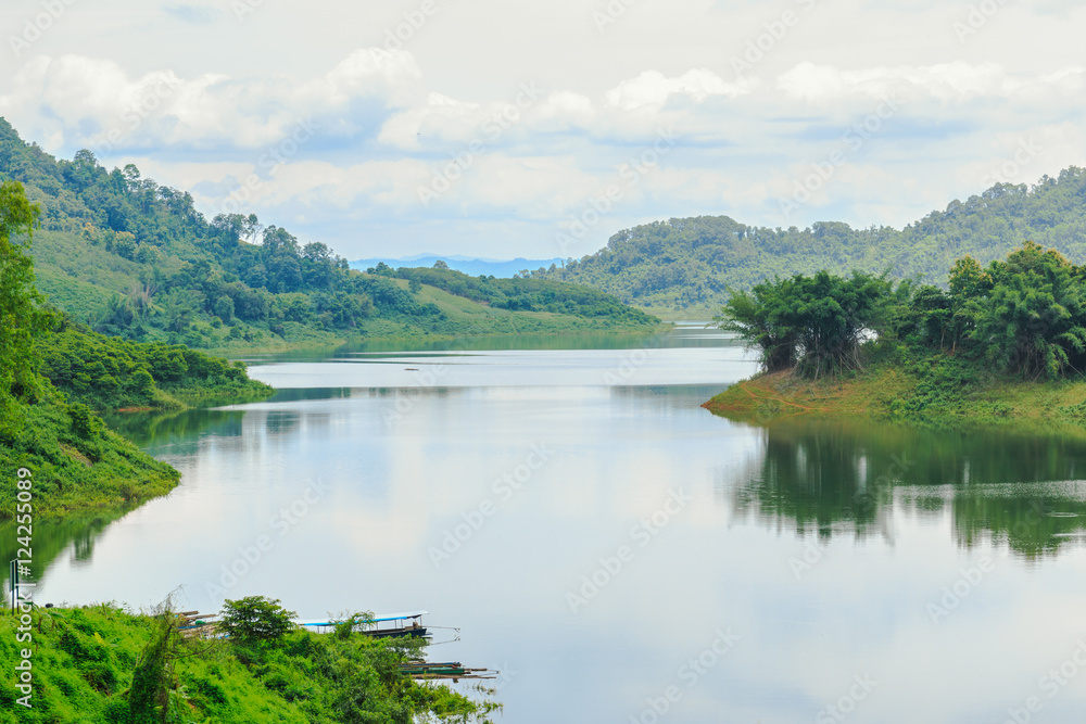 Area hills green forests and river view with  nature landscape