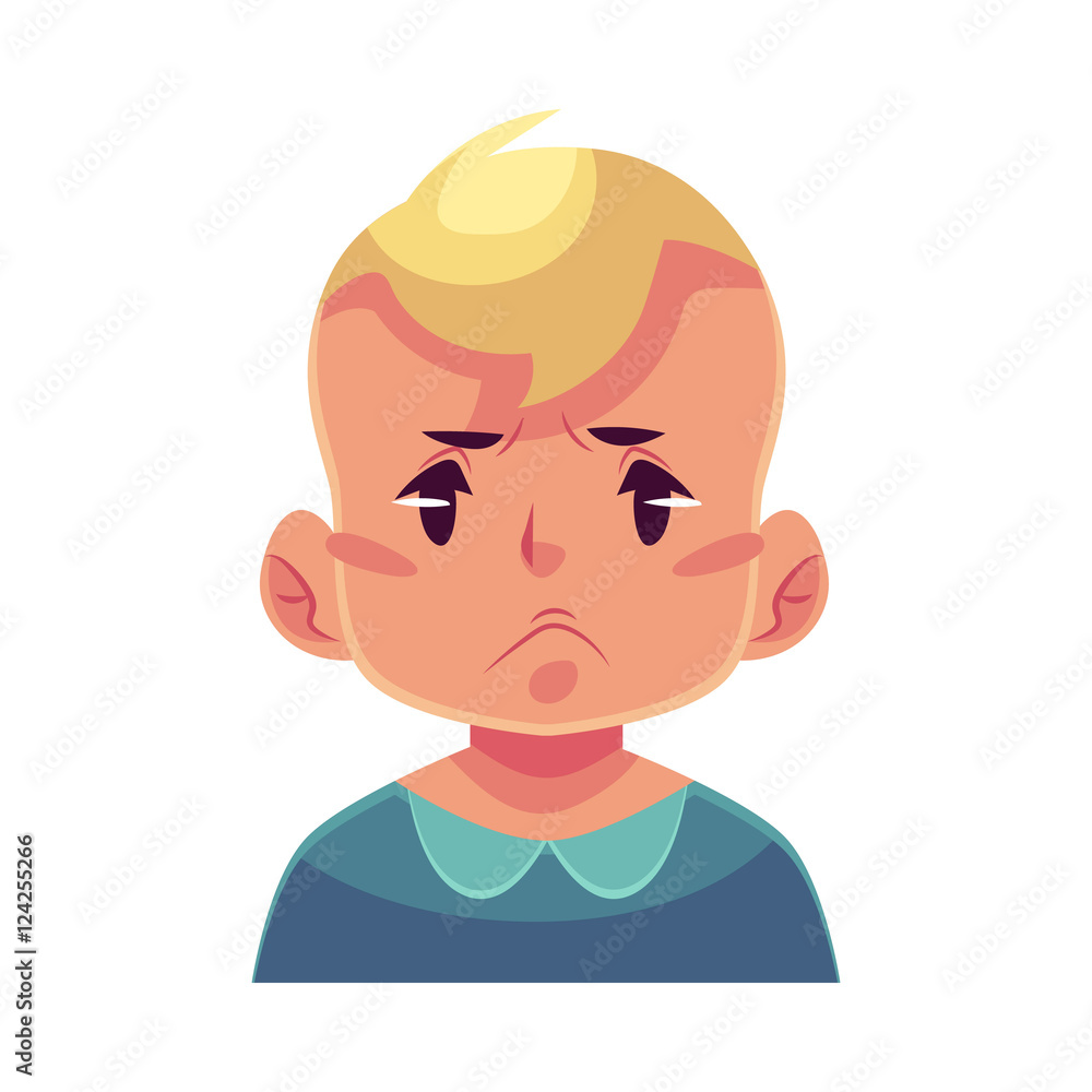 Little boy face, angry facial expression, cartoon vector illustrations isolated on white background. Blond male kid emoji face, feeling distressed, frustrated, sullen, upset. Angry face expression Little boy face, angry facial expression, cartoon vector illustrations isolated on white background. Blond male kid emoji face, feeling distressed, frustrated, sullen, upset. Angry face expression