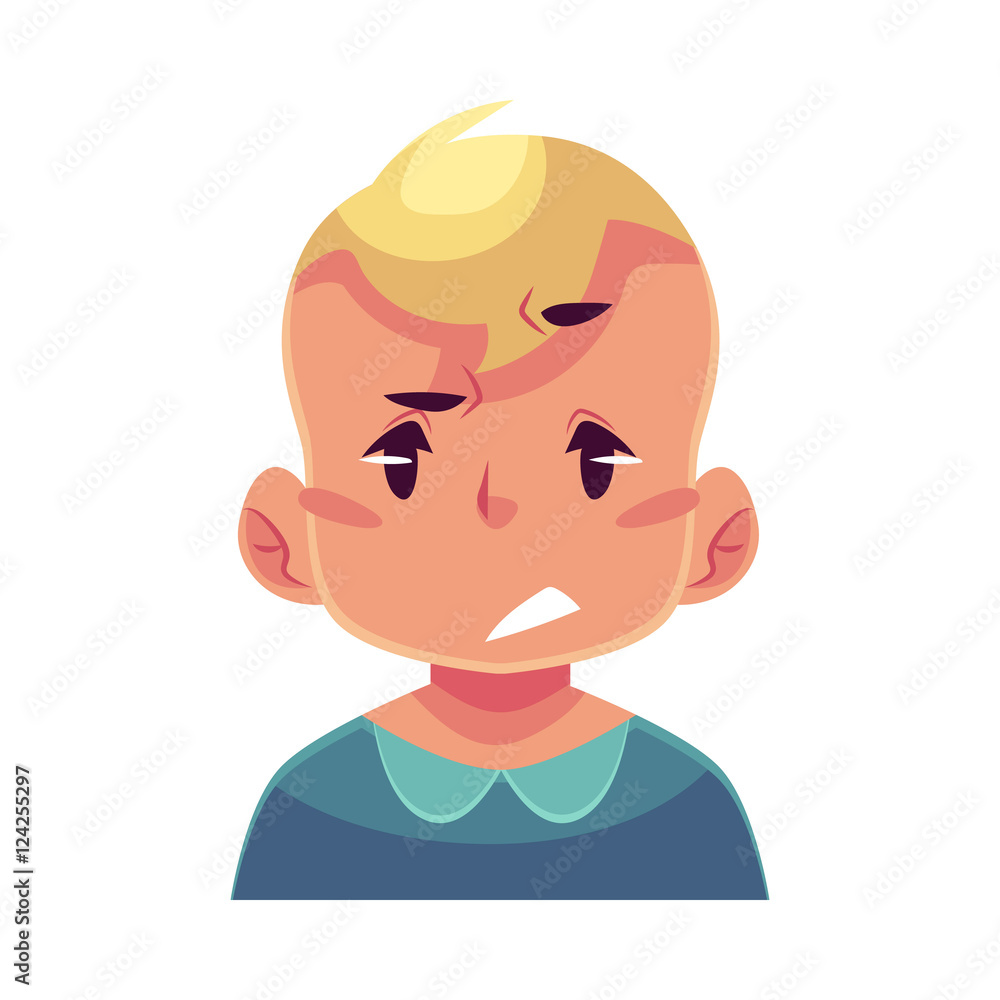 Little boy face, upset, confused facial expression, cartoon vector illustrations isolated on white background. Blond male kid emoji face, concerned, confused frustrated.