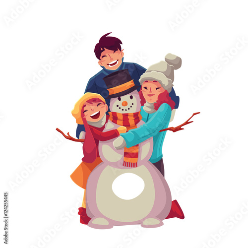 Family portrait of father, mother and daughter making snowman and hugging each other, cartoon vector illustration isolated on white background. Cheerful, happy family in winter clothes with a snowman