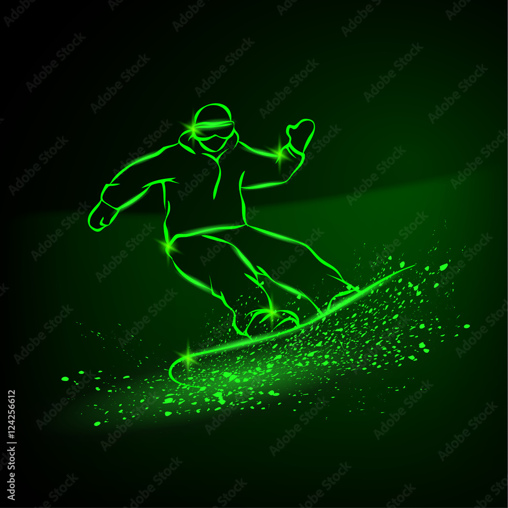 Snowboarder riding fast down the mountainside. Green neon winter sports background.