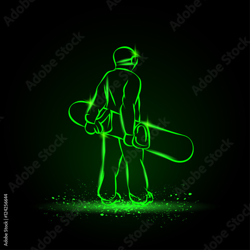 Snowboarder standing with the board, rear view. Green neon winter sports background. © leographics