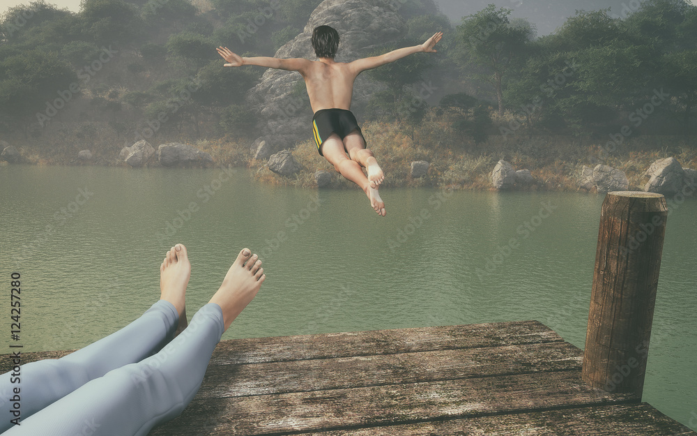 Man jumping with a wooden bridge in the water Man jumping with a wooden bridge in the water