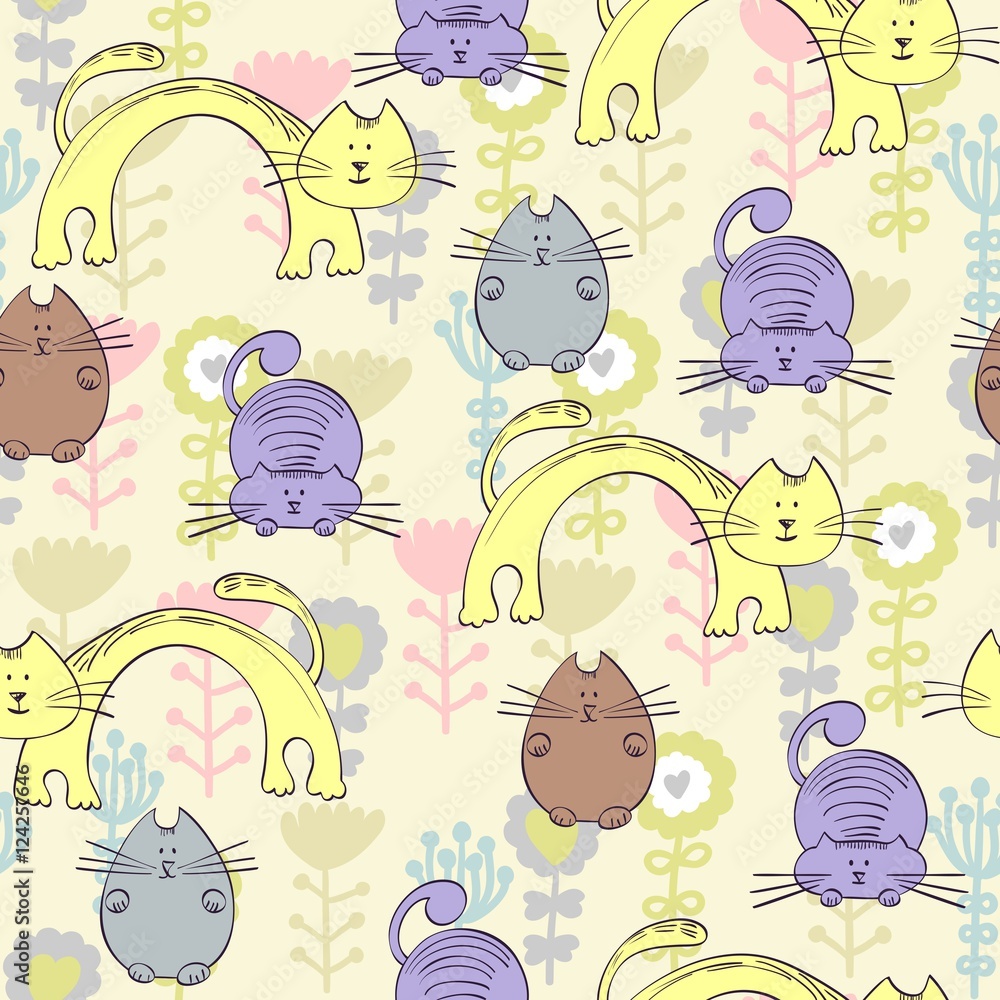 Vector hand drawn seamless pattern with cats Vector hand drawn seamless pattern with cats