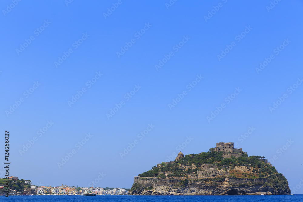 Aragonese castle in Ischia, a little island in the bay of Naples, air view