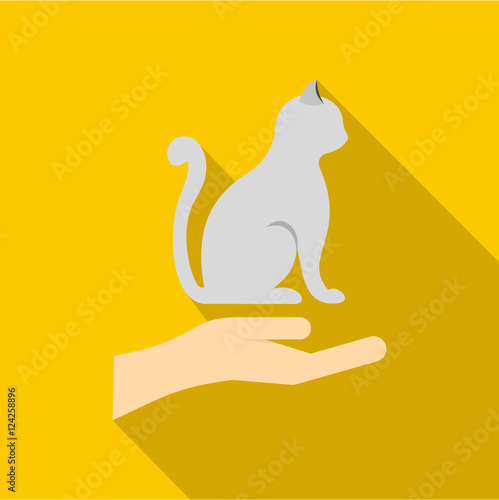 Hand holding a cat icon. Flat illustration of hand holding a cat vector icon for web isolated on yellow background