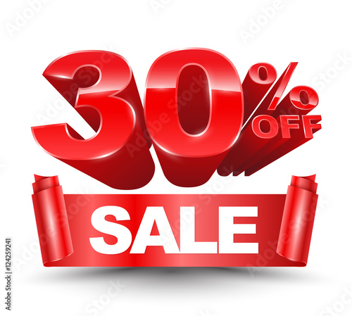 Vector 3d 30 percent off red with sale red ribbon on a white background for promotion discount sale advertising.