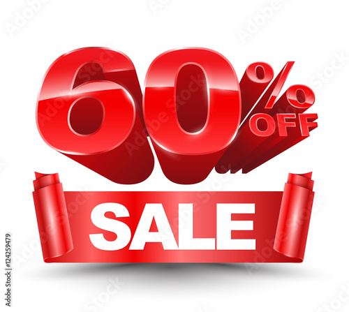 60 percent off sale red ribbon banner roll. Vector illustration for promotion advertising.