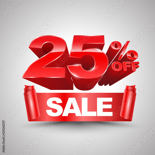 25 percent off sale red ribbon banner roll 3D style. Vector illustration for promotion advertising.