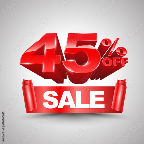 45 percent off sale red ribbon banner roll 3D style. Vector illustration for promotion advertising.