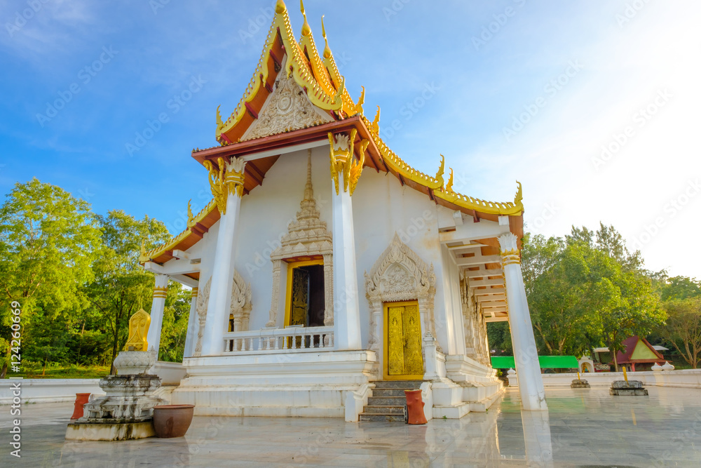 Naklejka premium Beautiful of public ancient old white vihara hall Buddha in Trirattanaram temple ,Kanchaburi,Thailand.Photo taken on: October 14, 2016