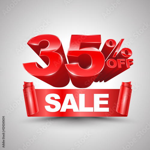 35 percent off sale red ribbon banner roll 3D style. Vector illustration for promotion advertising.
