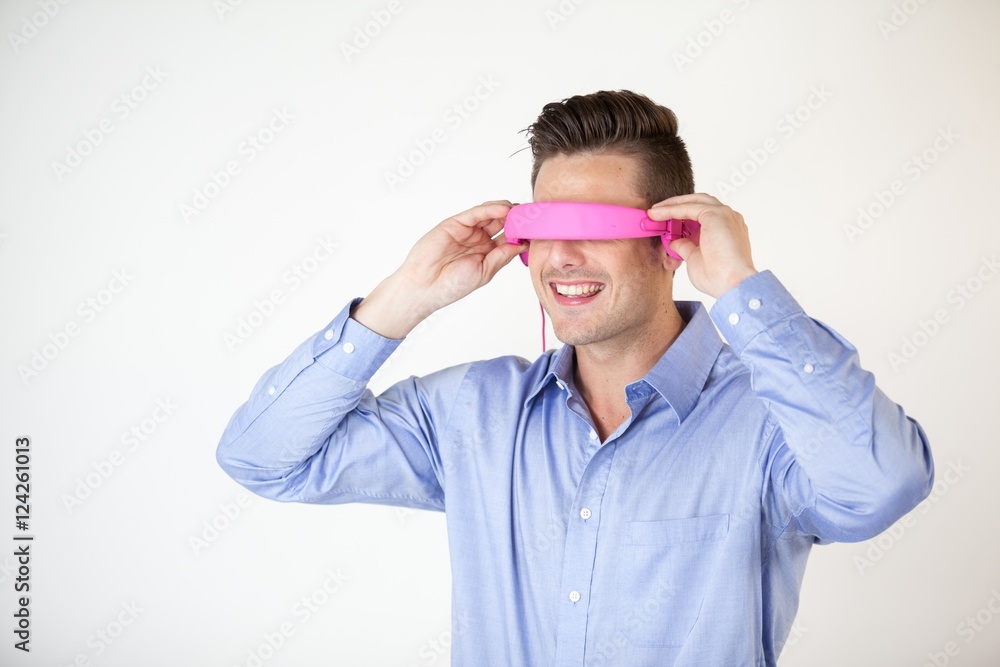 Man using virtual video glasses Man using virtual video glasses