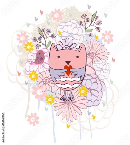 Stylish floral background with cartoon owl in light colors.