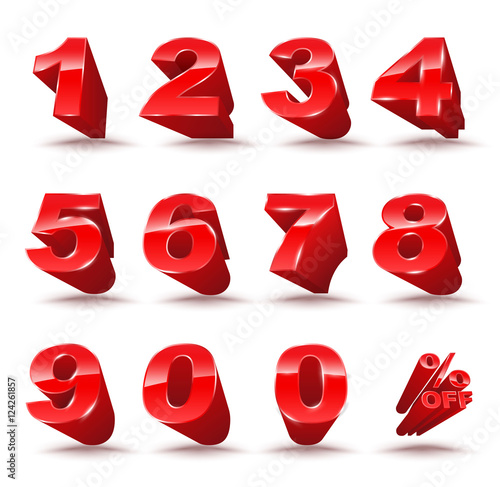Three-dimensional number set 0-9 with percent off. Vector illustration of 3D font characters. Red style numbers for promotion element.