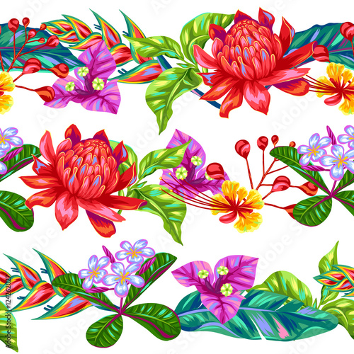 Seamless pattern with Thailand flowers. Tropical multicolor plants, leaves and buds