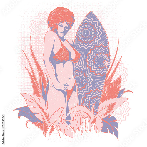 Surfer girl in a floral graphics background
