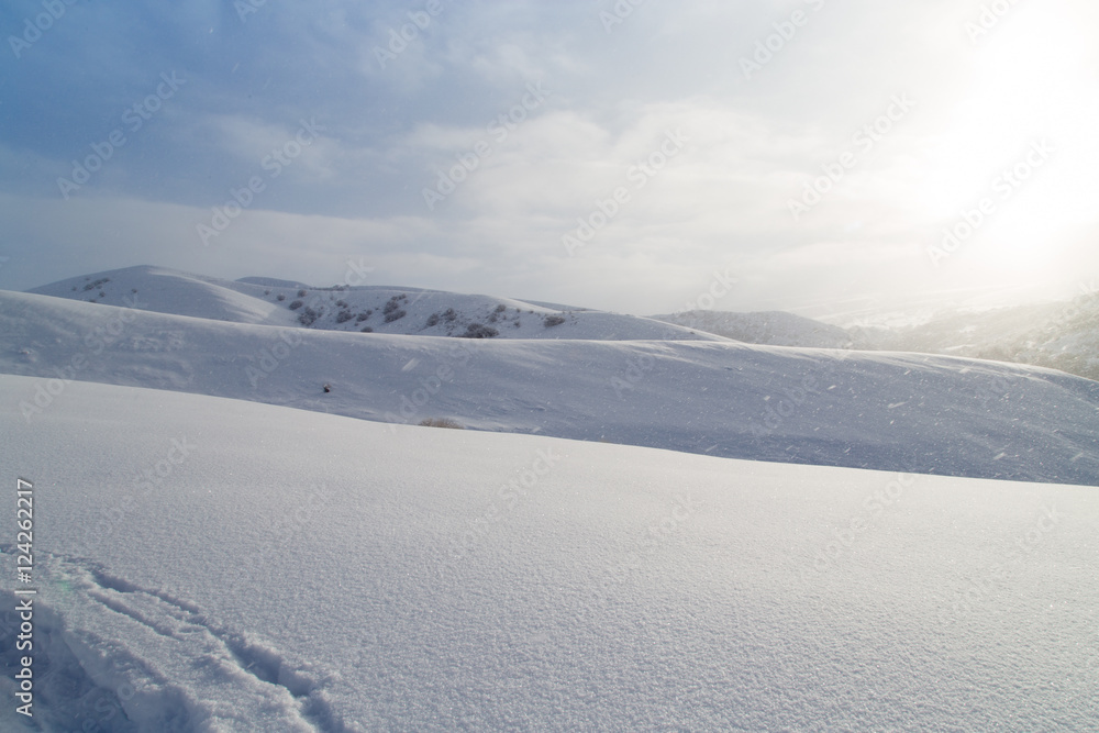 beautiful snow mountain at dawn sun