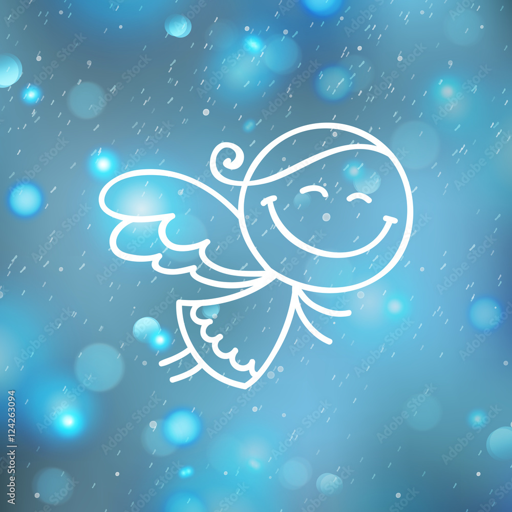 cute hand drawn christmas angel on blurred background, vector illustration for christmas greeting card