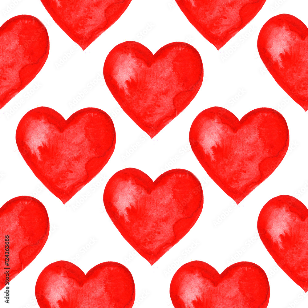 seamless pattern with hand painted watercolor hearts.