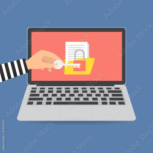 Thief hacker hand with key lock folder for ransom got ransomware malware virus computer. Vector illustration technology data privacy and security concept.