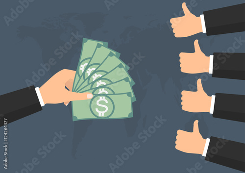 Businessman thump up like vote for banknote money paying on world background. Vector illustration business concept design.