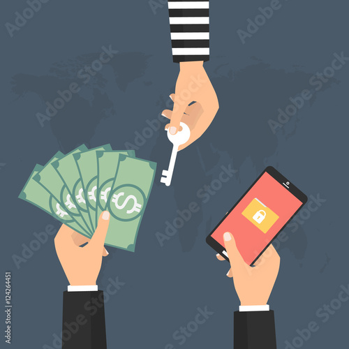 Businessman paying money to hacker for the key unlock folder data on smart phone tablet got ransomware malware virus computer. Vector illustration technology data privacy and security concept.