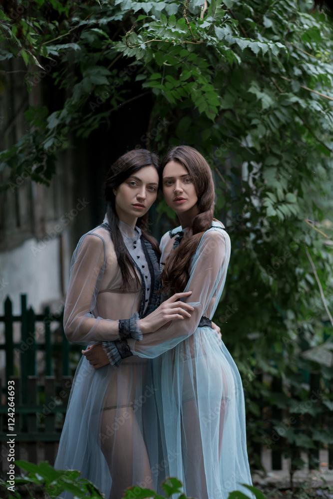 Two brunettes in elegant vintage dresses