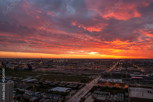 Aerial view of west loop downtown Chicago with dramatic sky