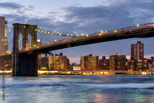 The Brooklyn Bridge in New York City at sunset