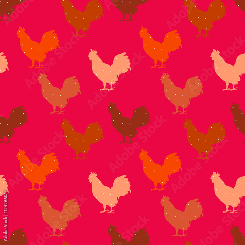 Seamless polka dot pattern with color silhouette rooster. New year. Vector background.
