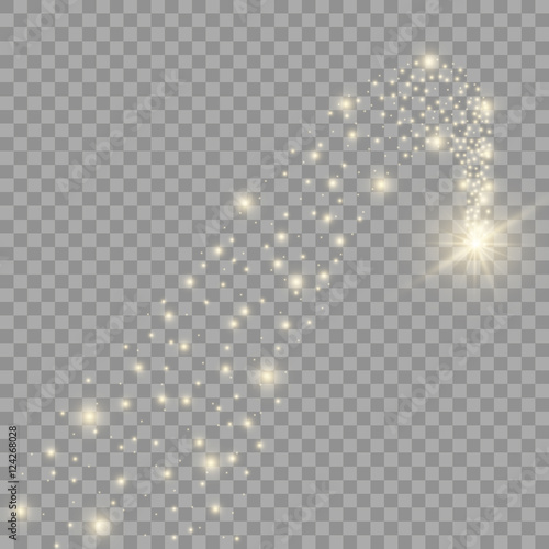 Vector golden sparkling falling star. Stardust trail.