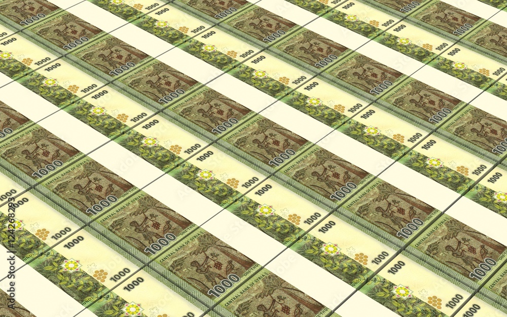 Fototapeta premium Syrian pounds bills stacks background. 3D illustration.