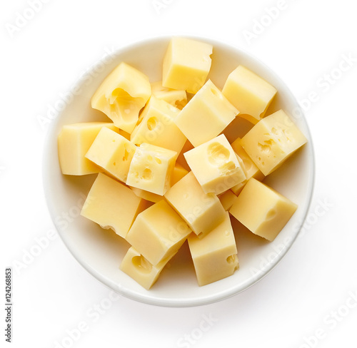 Bowl of diced cheese squares from above