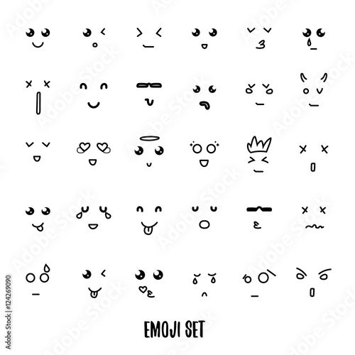 Face expression set of 30 emoji doddle emotions for creation characters. Emotions for design characters. Anime. Emotions handmade