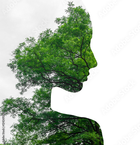 Double exposure of young beautiful girl among the leaves and trees. Black and white silhouette Isolated on white background.