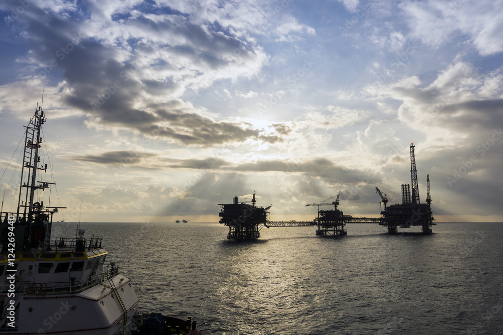 Silhouette of oil rig or platform at oilfield in Malaysia