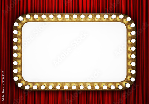 Retro cinema banner with red curtain. 3D rendering