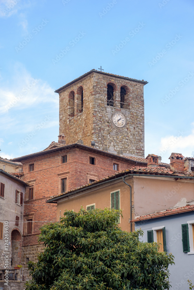 houses and ancient clock tower, tuscany, italy