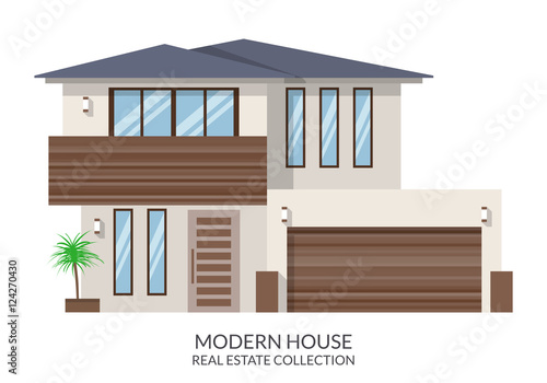 Modern house with garage, real estate sign in flat style. Vector illustration