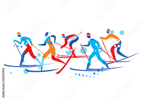 Cross Country Ski Race. A stylized drawing of cross-country ski competitors. Vector available. 