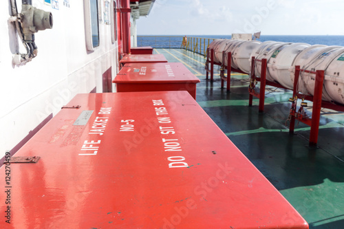 Mustering station onboard of a construction barge at oil field