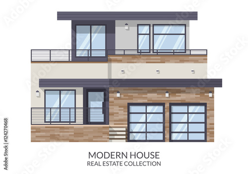 Modern big house, real estate sign in flat style. Vector illustration